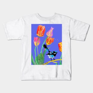 Abstract Blue Wren and Tulips Painting - on Purple Kids T-Shirt